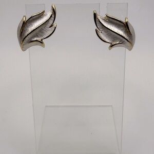 Vintage Leaf Sculptural White/Silver and Gold Clip-On Earrings